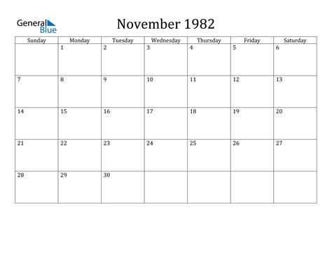 Calendar Of November 1982