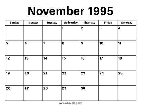 Calendar Of November 1995