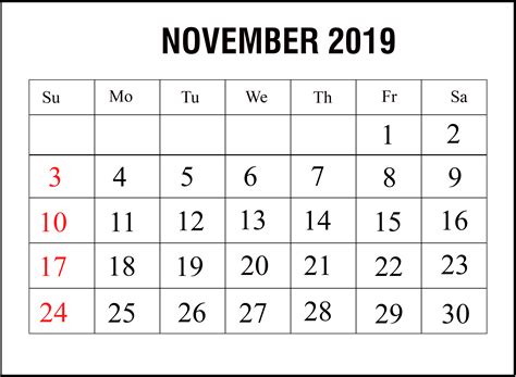 Calendar Of November 2019