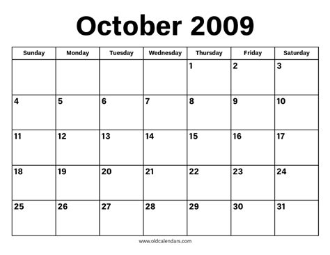 Calendar Of October 2009
