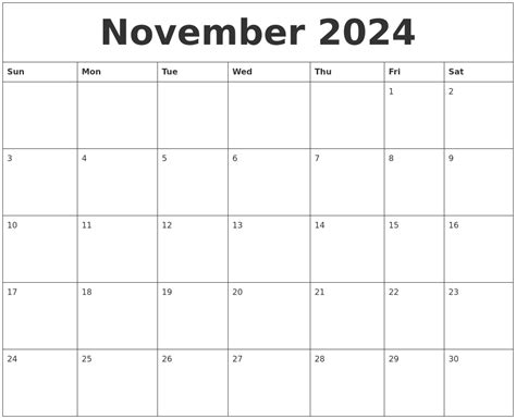 Calendar Of The Month Of November