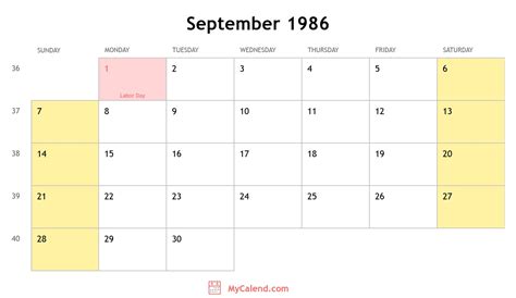 Calendar September 1986