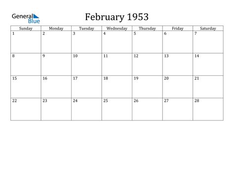 Calendar 1953 February