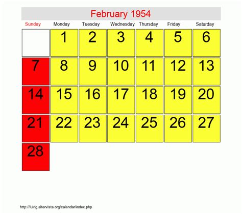 Calendar 1954 February