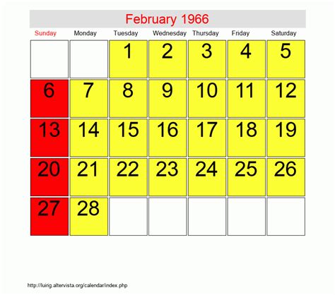 Calendar 1966 February