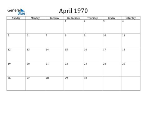 Calendar 1970 April