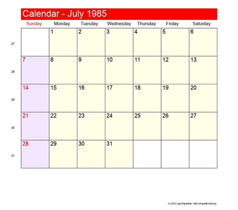 Calendar 1985 July
