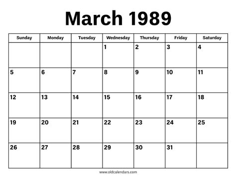 Calendar 1989 March