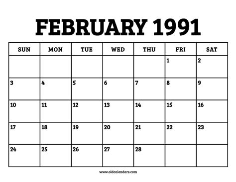 Calendar 1991 February