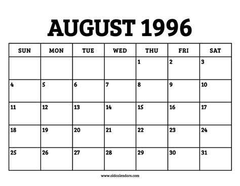 Calendar 1996 August
