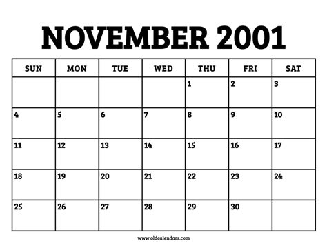 Calendar 2001 November