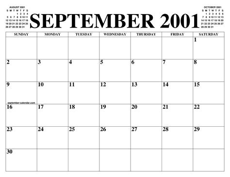 Calendar 2001 September