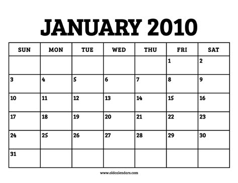 Calendar 2010 January