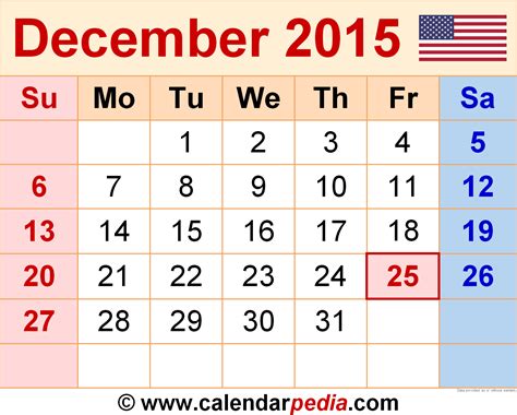 Calendar 2015 December Month