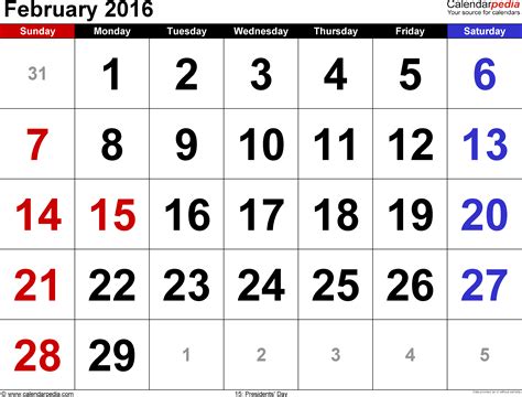 Calendar 2016 February