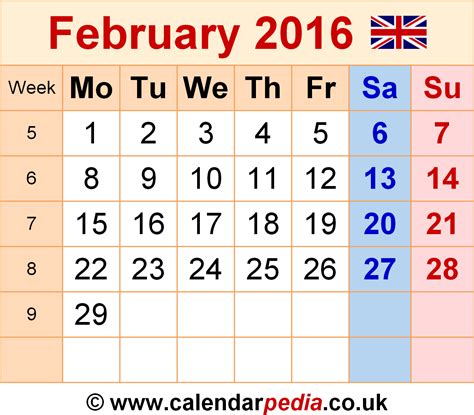 Calendar 2016 February Month