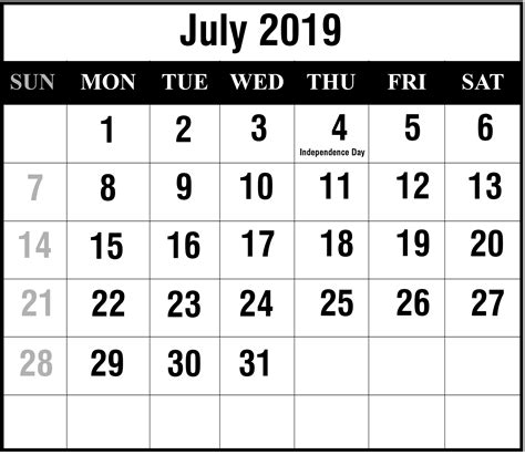Calendar 2019 July