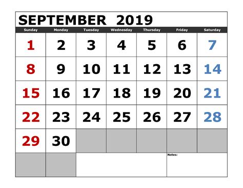 Calendar 2019 Septembe