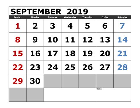 Calendar 2019 September