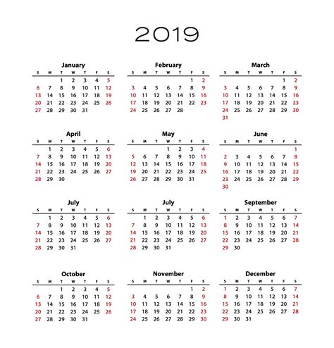 Calendar 2019 Year