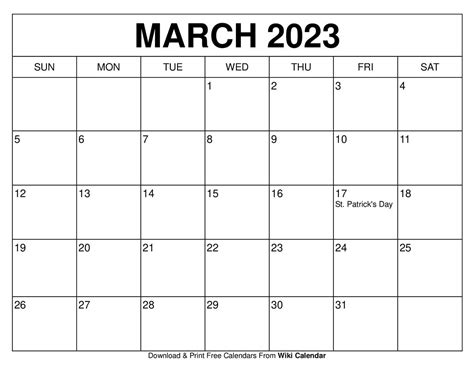 Calendar 2023 March Printable