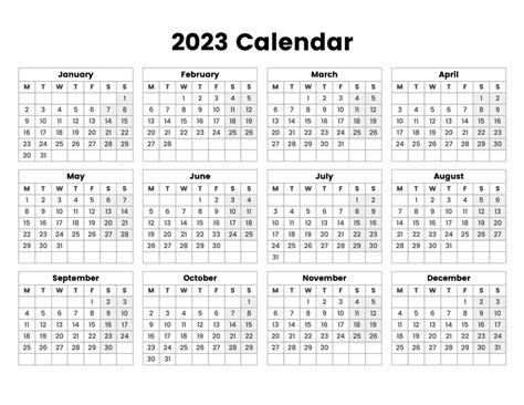 Printable Calendar 2023 Starting Monday 2023 Jan to Dec Calendar