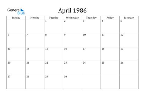 Calendar April 1986