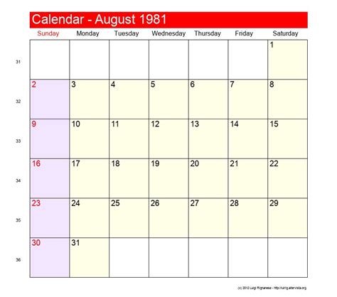 Calendar August 1981