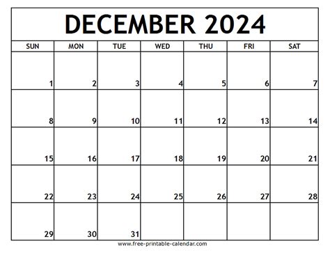 December 2024 Monthly Calendar Printable