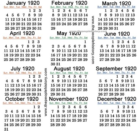Calendar For 1920