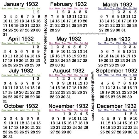Calendar For 1932