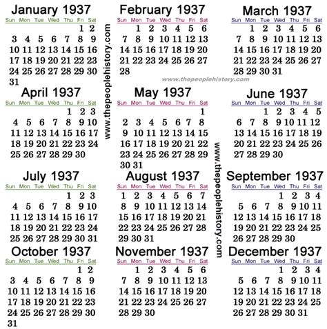 Calendar For 1937