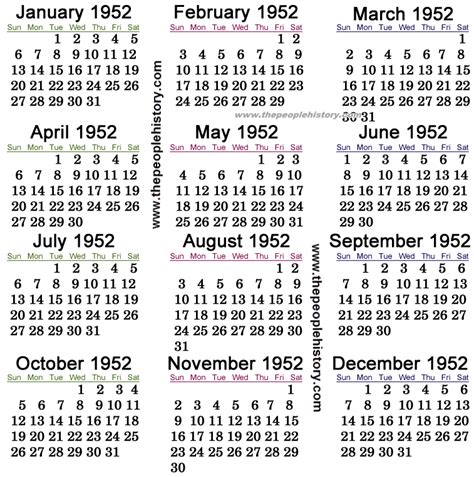 Calendar For 1952
