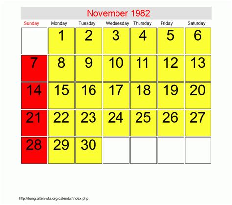 Calendar For 1982 November
