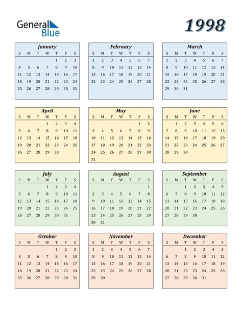 Calendar For 1998