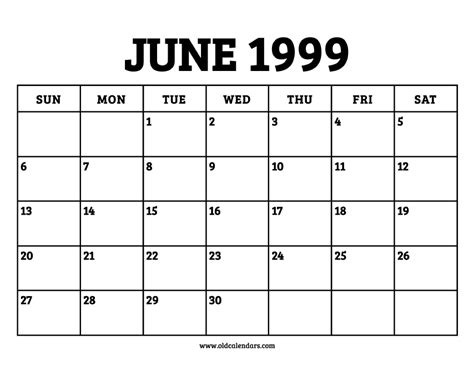 Calendar For 1999 June