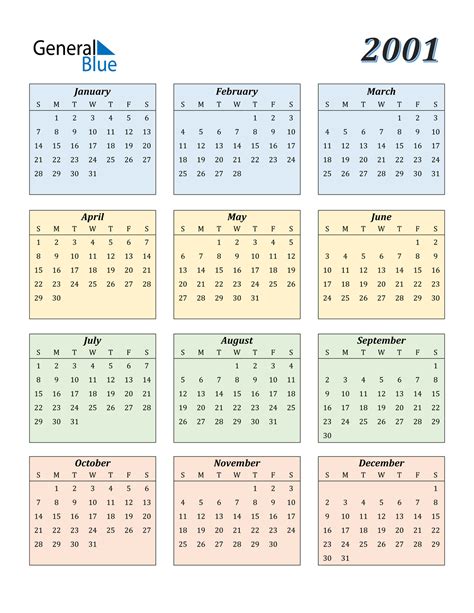 Calendar For 2001