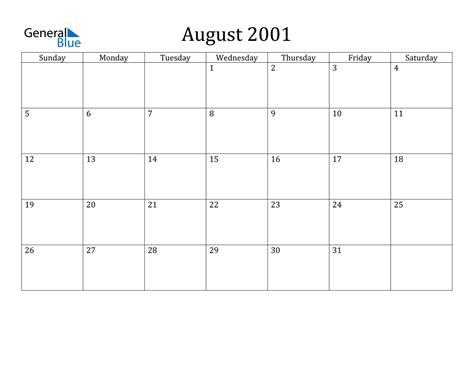 Calendar For 2001 August