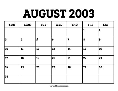 Calendar For 2003 August