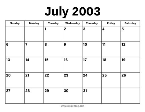 Calendar For 2003 July