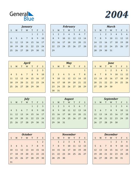 Calendar For 2004