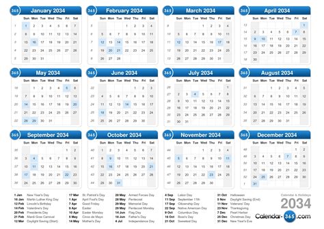 Calendar For 2034