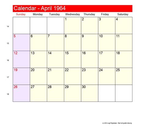 Calendar For April 1964