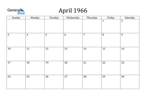 Calendar For April 1966