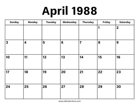 Calendar For April 1988