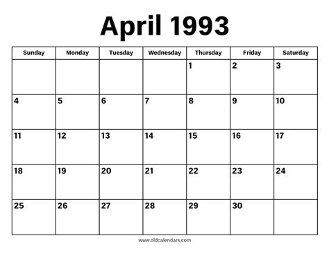 Calendar For April 1993