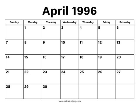 Calendar For April 1996