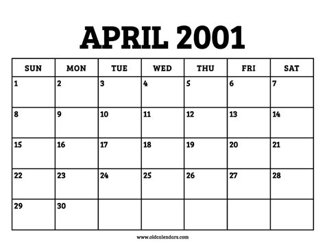 Calendar For April 2001
