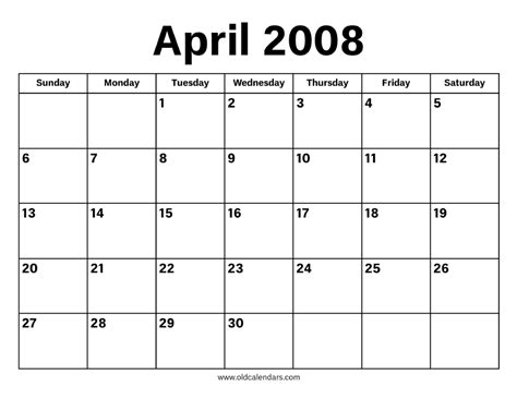 Calendar For April 2008