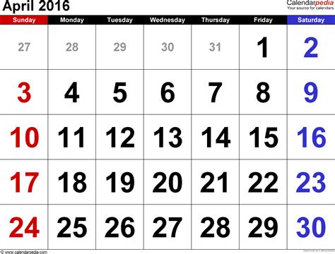 Calendar For April 2016